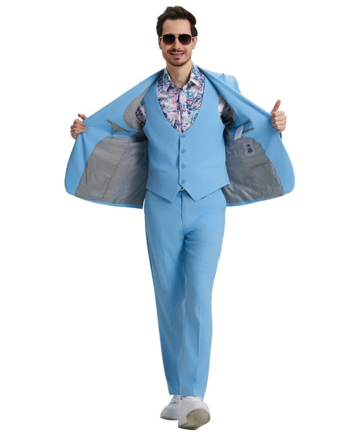 Stacy Adams Men’s Premium Sky Blue-Light Blue Modern Fit Three Piece One Button Peak Lapel Suit