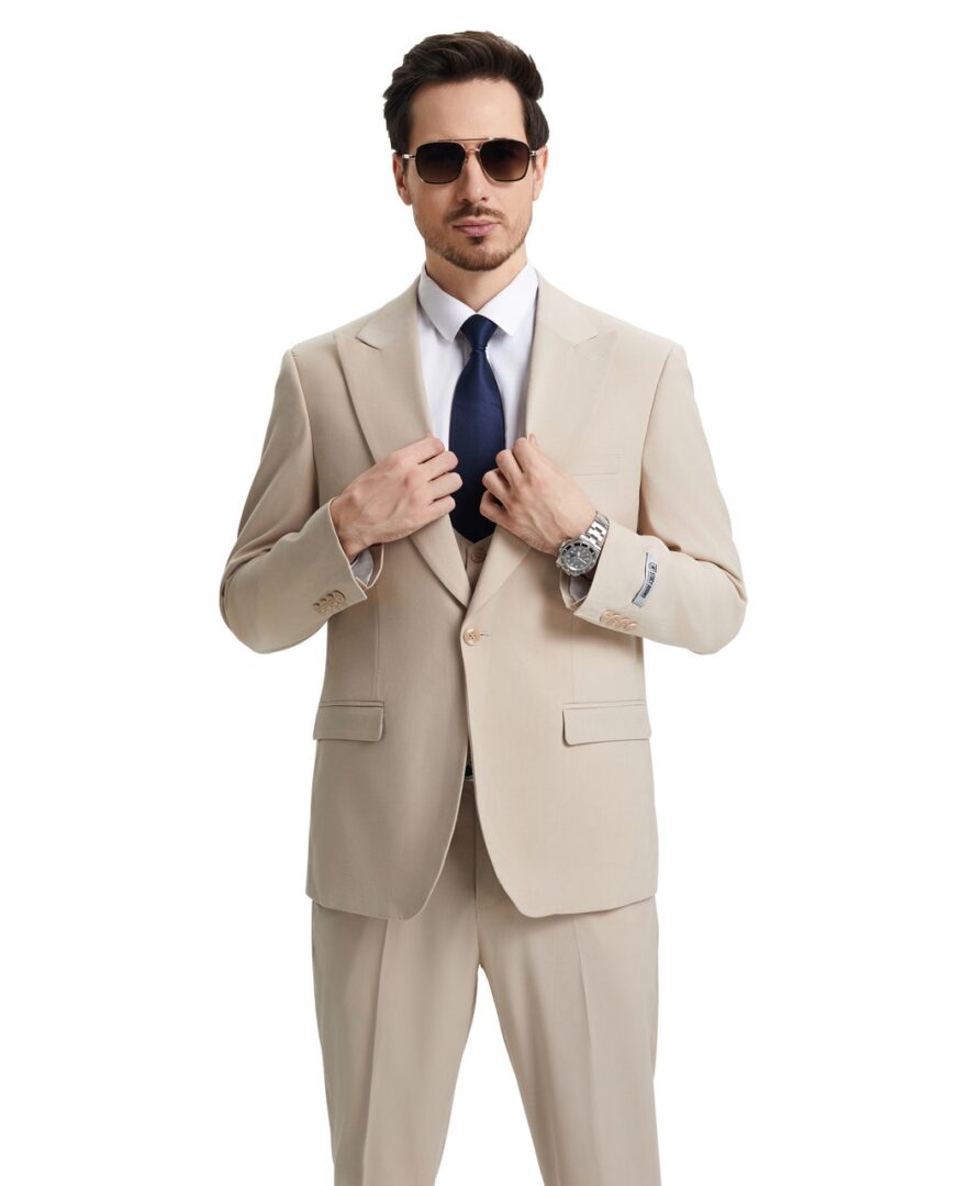 Stacy Adams Men’s Premium Tan-Beige Modern Fit Three Piece One Button Peak Lapel Suit