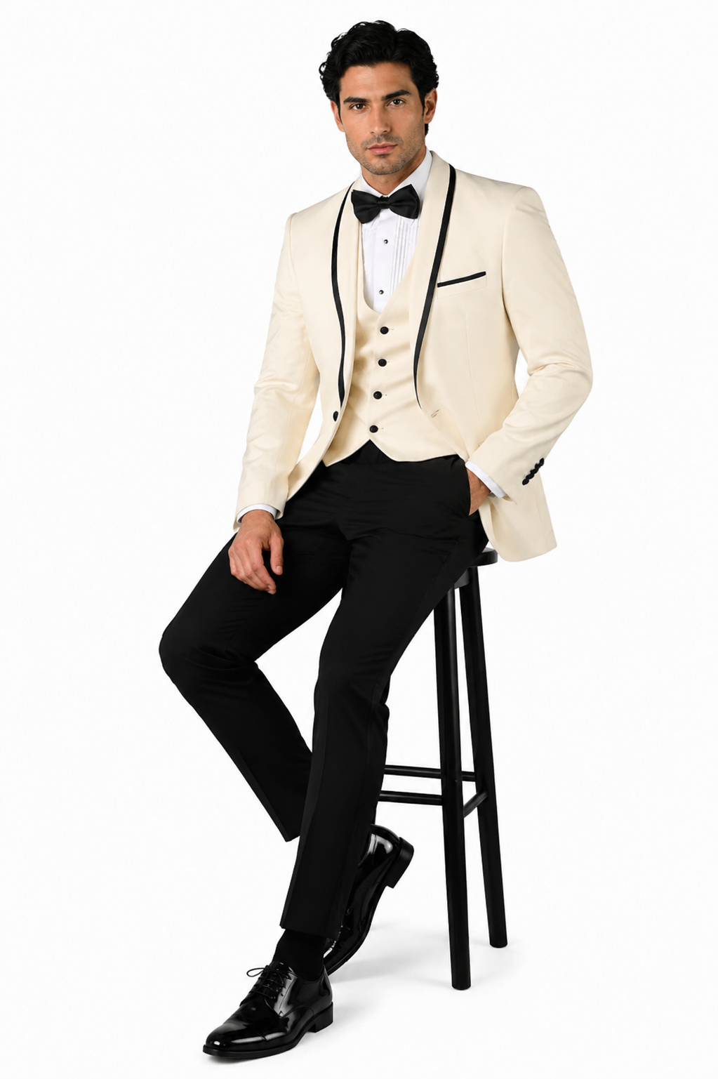 3-Piece Tailored Fit Wool Suit with Bow Tie and Flat Front Pants - Off-White