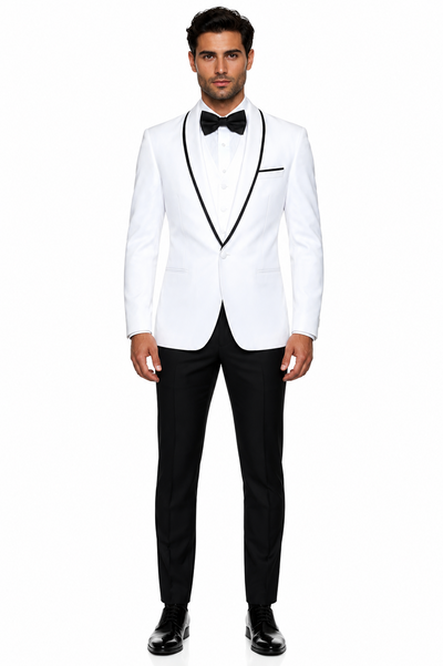 3-Piece Tailored Fit Wool Suit with Bow Tie and Flat Front Pants - White