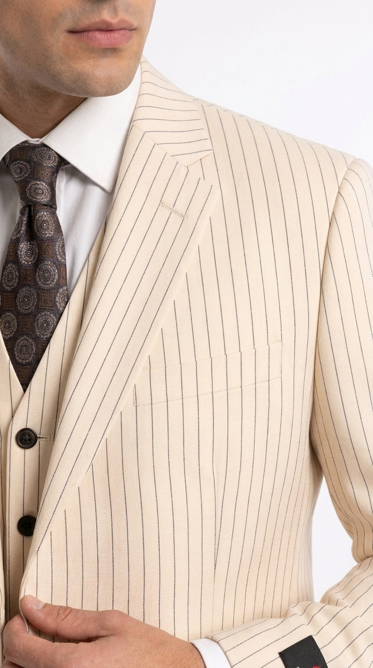 Men’s Ivory Cream Pinstripe Scarface Suit – Vintage Gangster Modern Fit 3-Piece Wedding Suit