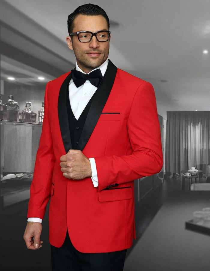 Mens Vested Wool Shawl Lapel Tuxedo in Red by USA Men's Outlet