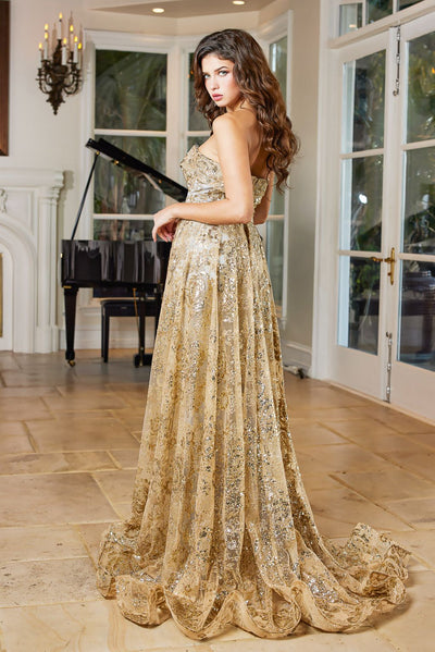 Adora Design 3107G Strapless Glitter Print Overskirt Prom Dress