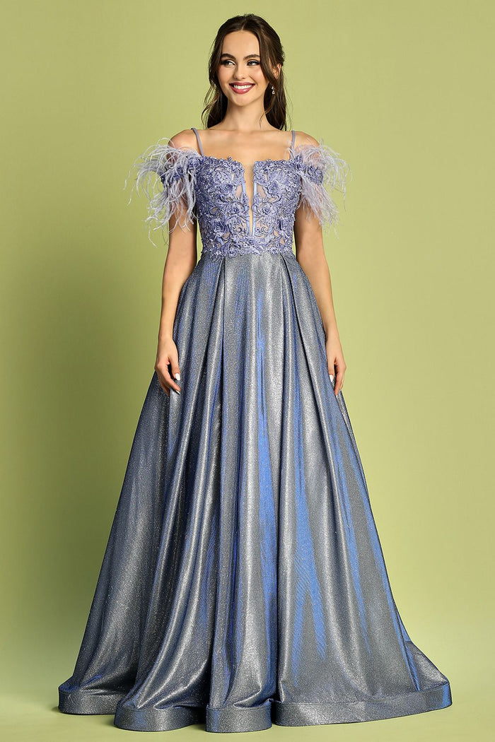 Adora Design 3128 Metallic Glitter Feather Off Shoulder Prom Gown