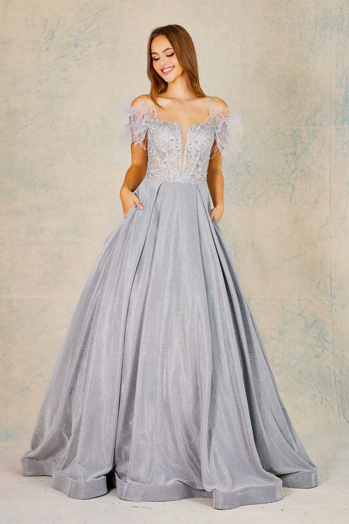 Adora Design 3128 Metallic Glitter Feather Off Shoulder Prom Gown