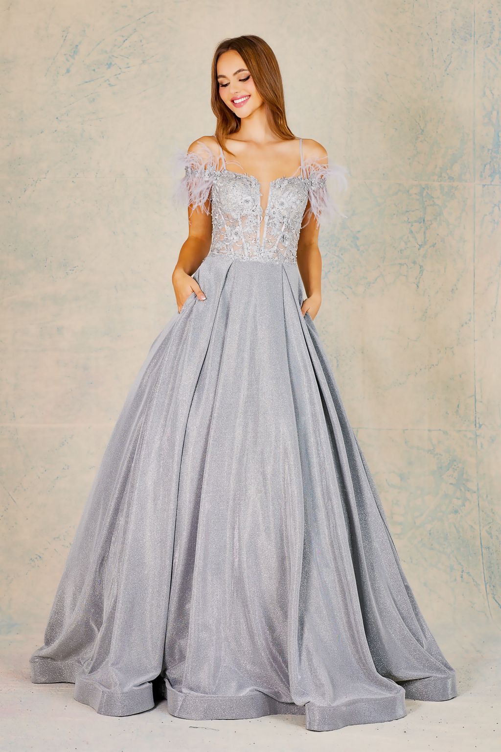 Adora Design 3128 Metallic Glitter Feather Off Shoulder Prom Gown