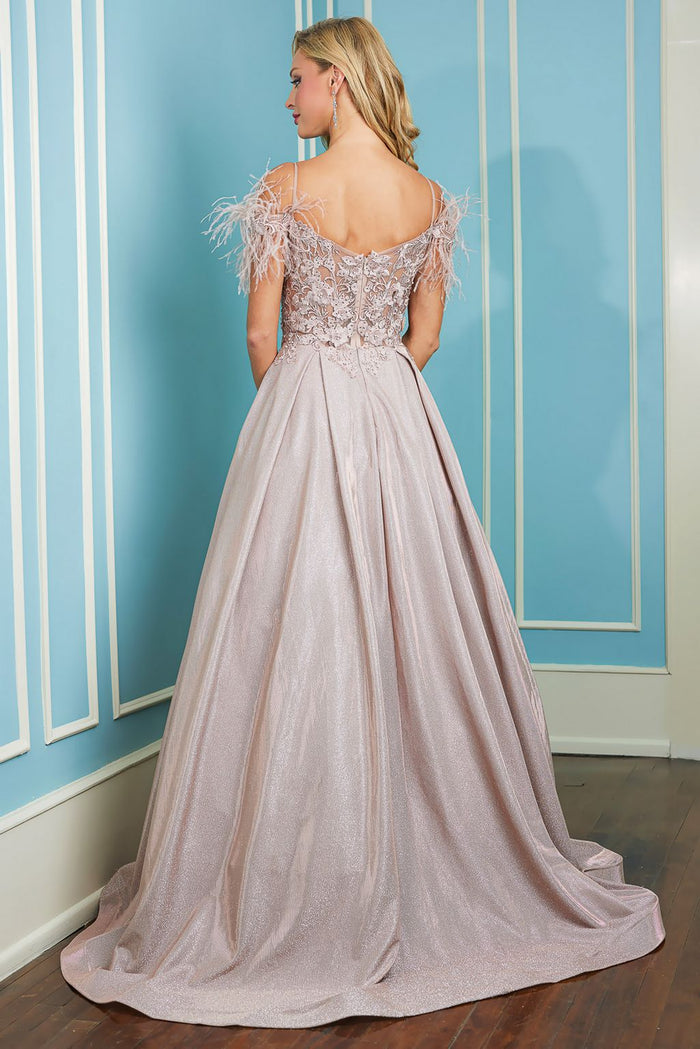 Adora Design 3128 Metallic Glitter Feather Off Shoulder Prom Gown