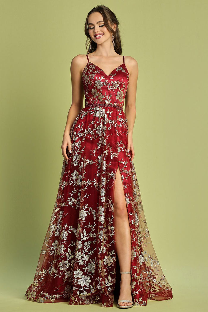 Adora Design 3137 A Line Glitter Floral Print Long Prom Dress