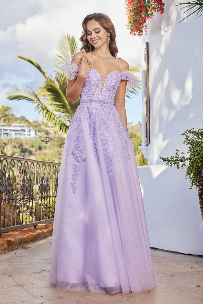 Adora Design 3143 Off Shoulder Glitter Applique A Line Prom Dress