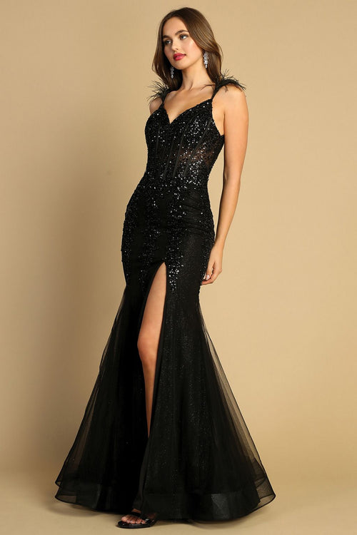 Adora Design 3144 Beaded Sequin Spaghetti Strap Long Prom Dress