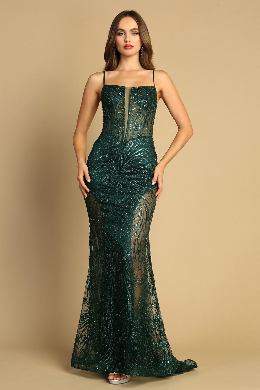 Adora Design 3160 Spaghetti Strap Glitter Print Fitted Prom Dress