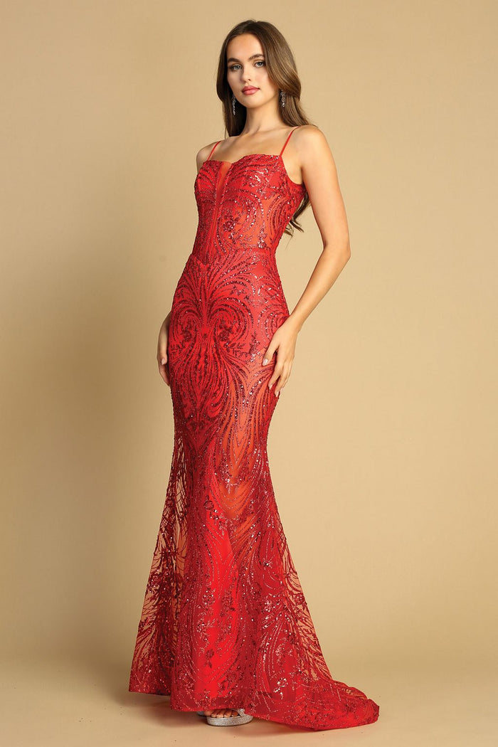 Adora Design 3160 Spaghetti Strap Glitter Print Fitted Prom Dress