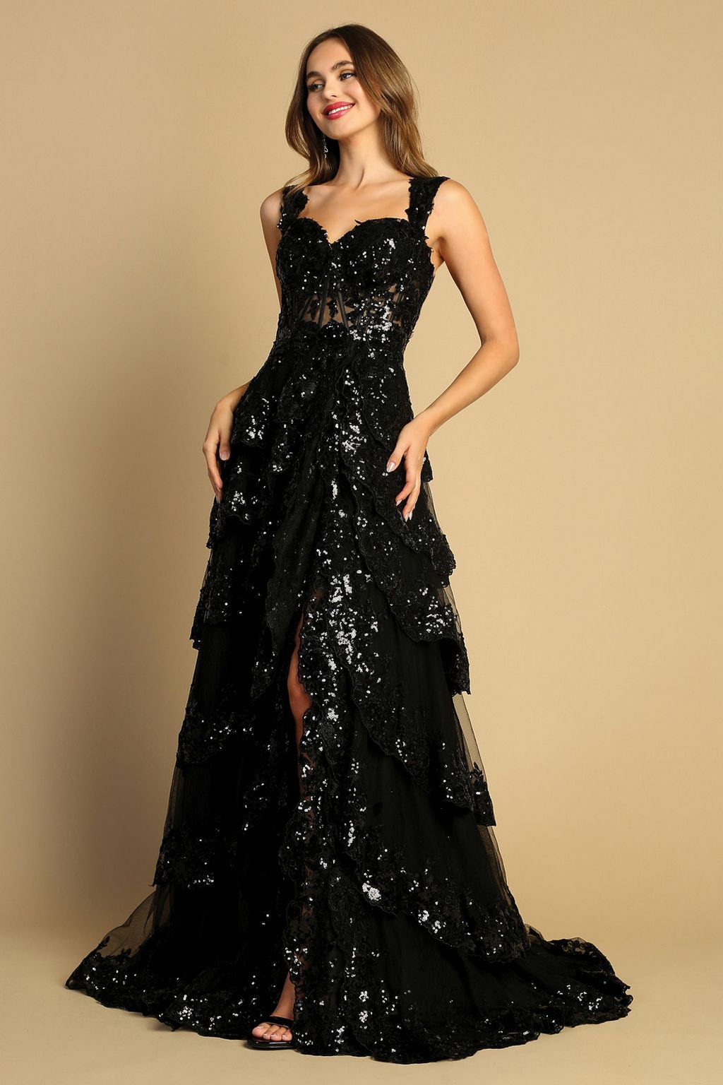 Adora Design 3174 Tiered A-Line Sequin Applique Formal Prom Gown