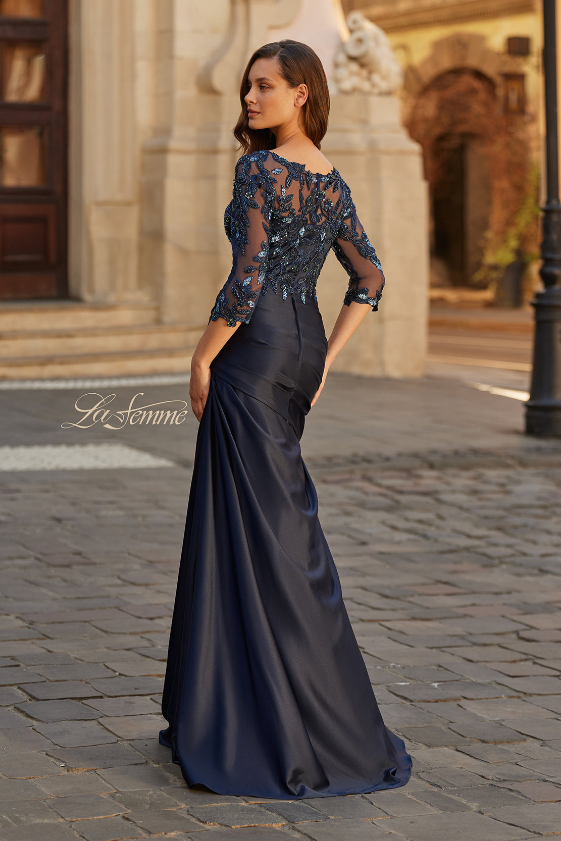 La Femme 31802 Beaded Lace Three Quarter Sleeve Gown