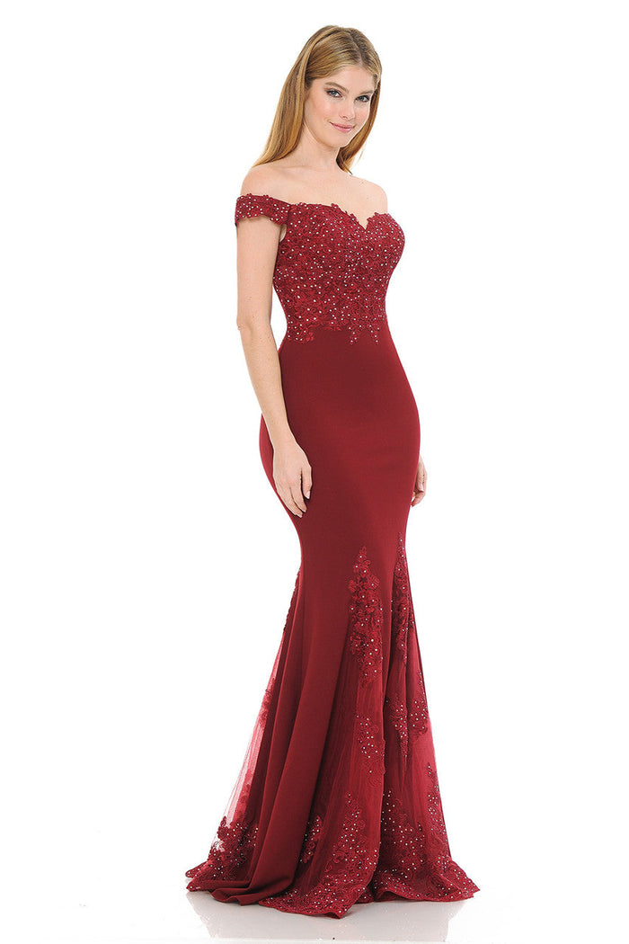 Off-Shoulder Beaded Embroidered Mermaid Formal Gown with Mesh Godet Skirt By Lenovia 8137