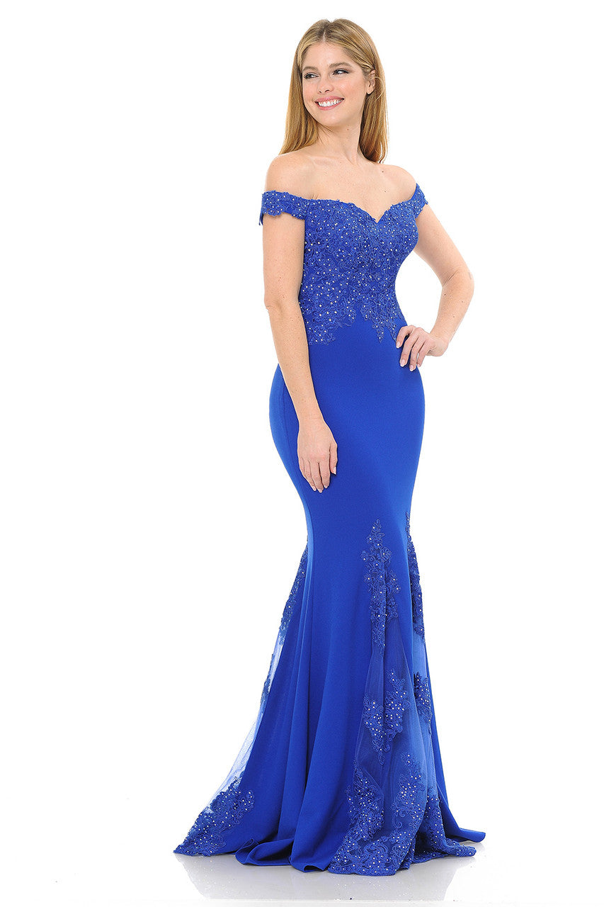 Off-Shoulder Beaded Embroidered Mermaid Formal Gown with Mesh Godet Skirt By Lenovia 8137