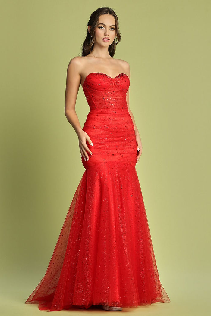Adora Design 3207 Strapless Glitter Tulle Mermaid Formal Prom Gown