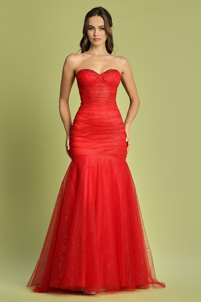 Adora Design 3207 Strapless Glitter Tulle Mermaid Formal Prom Gown
