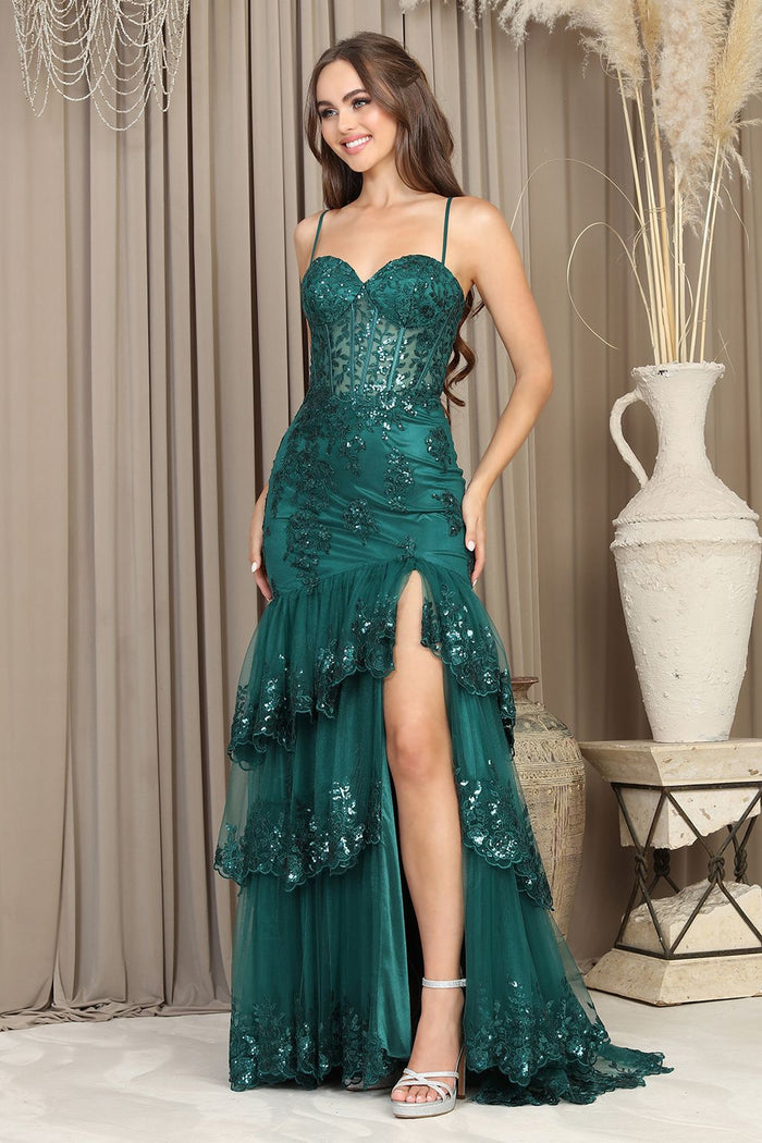 Adora Design 3221 Tiered Glitter Tulle Applique Slit Prom Gown