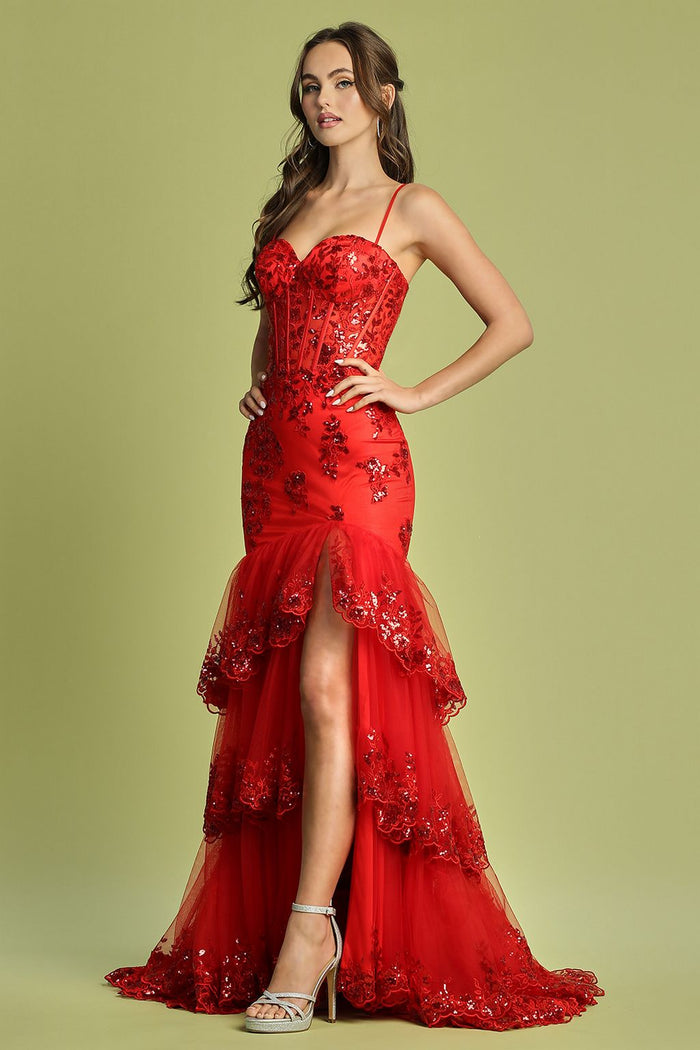 Adora Design 3221 Tiered Glitter Tulle Applique Slit Prom Gown