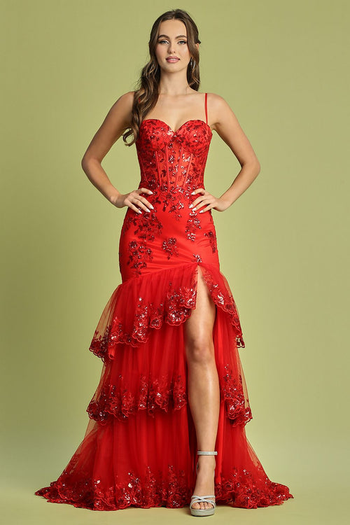 Adora Design 3221 Tiered Glitter Tulle Applique Slit Prom Gown