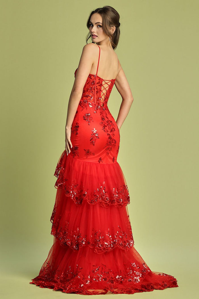 Adora Design 3221 Tiered Glitter Tulle Applique Slit Prom Gown