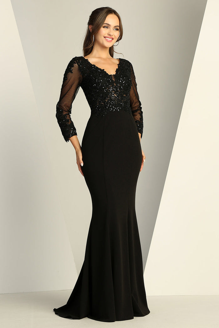 Adora Design 3233 Long Sleeve Lace Applique Fitted Formal Gown