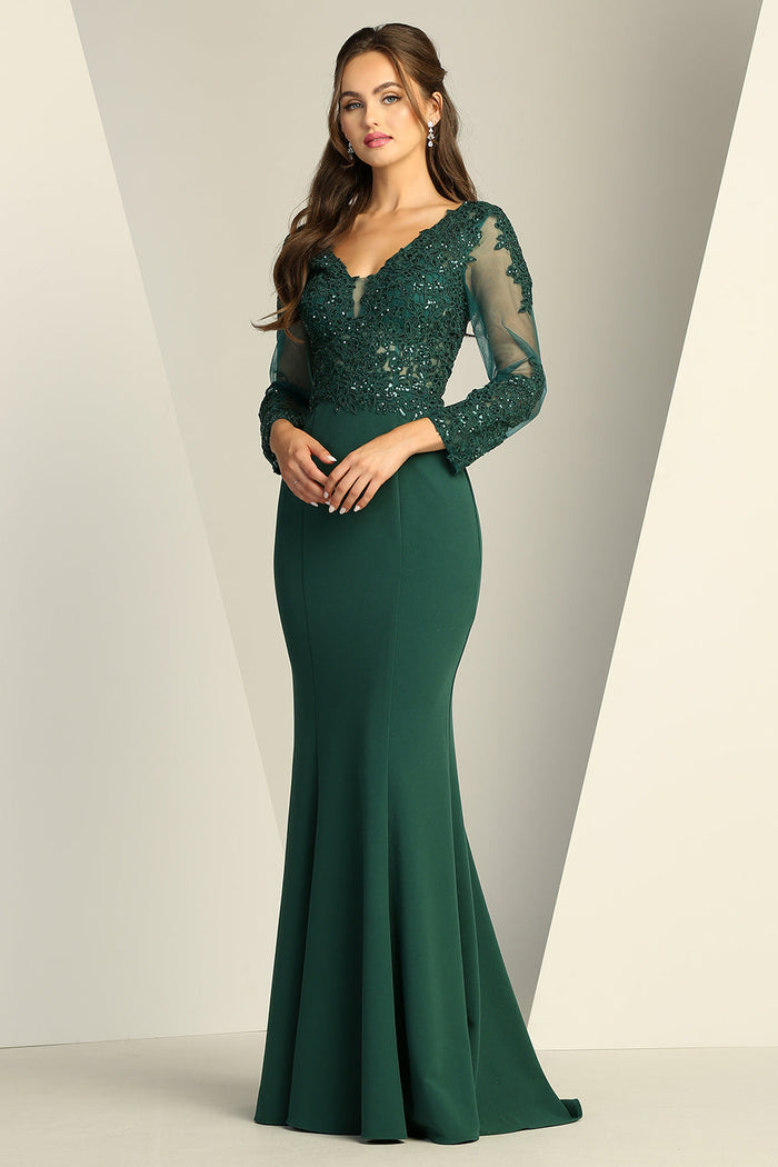 Adora Design 3233 Long Sleeve Lace Applique Fitted Formal Gown
