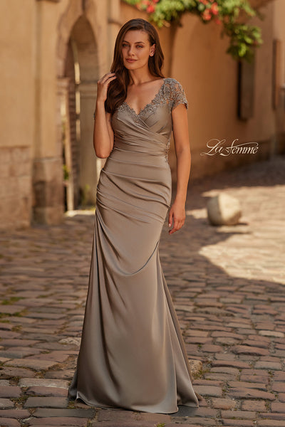 La Femme 32431 Embroidered Ruched Gown with Cap Sleeves