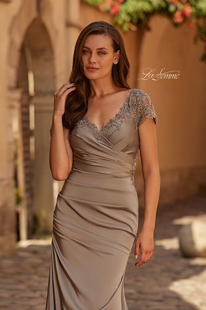 La Femme 32431 Embroidered Ruched Gown with Cap Sleeves