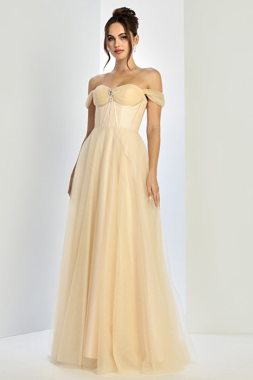 Adora Design 3244 Off-Shoulder Glitter Corset A-Line Prom Dress
