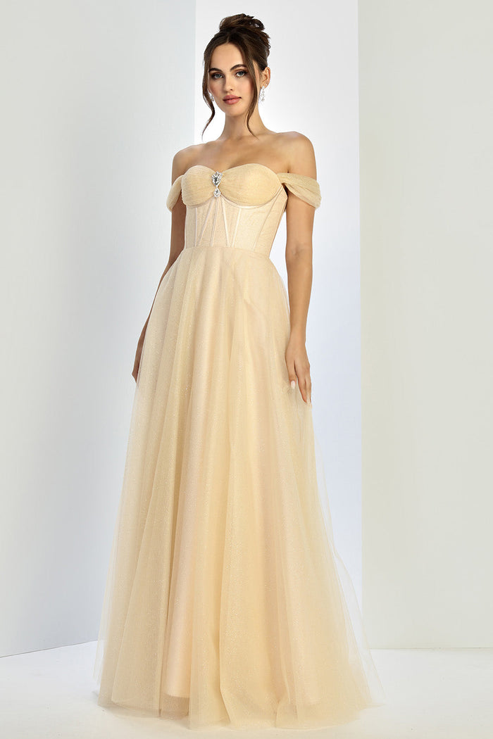 Adora Design 3244 Off-Shoulder Glitter Corset A-Line Prom Dress
