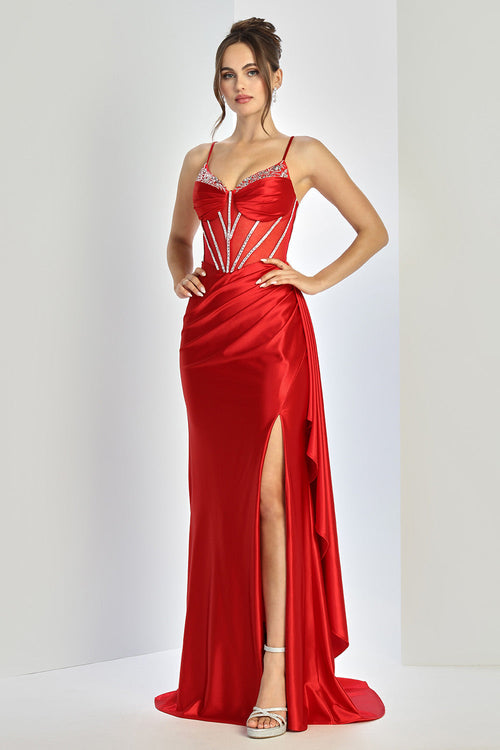 Adora Design 3249 Beaded Corset Spaghetti Strap Slit Prom Dress