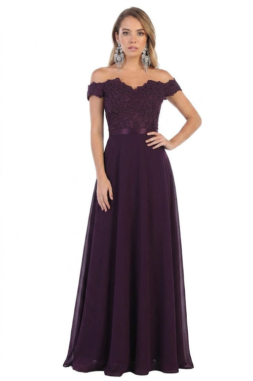 May Queen MQ1601 Off The Shoulder A-Line Corset Back Prom Gown