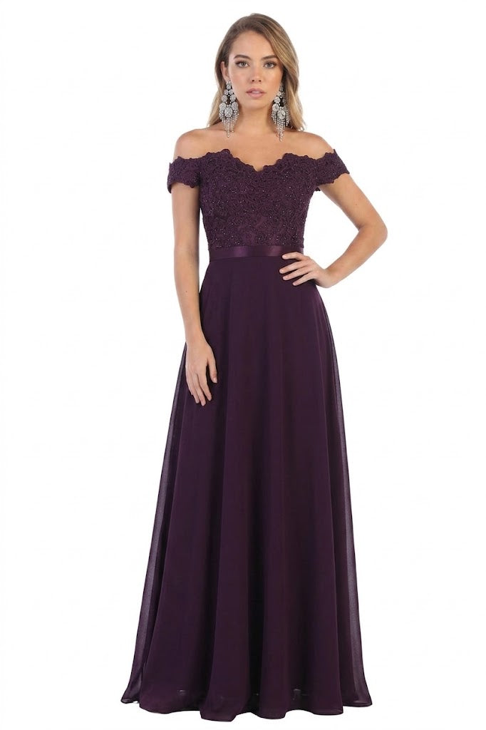 May Queen MQ1601 Off The Shoulder A-Line Corset Back Prom Gown