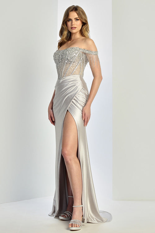 Off Shoulder Sequin Glitter Fitted Corset Prom Gown