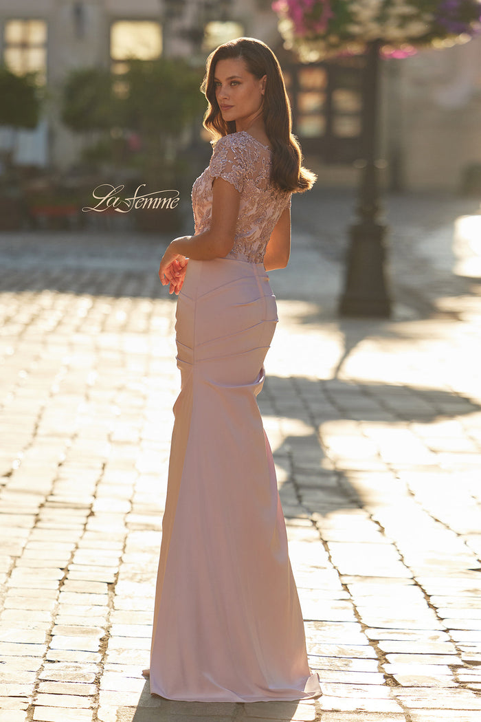 La Femme 32737 Short Sleeve Floral Embroidered Gown