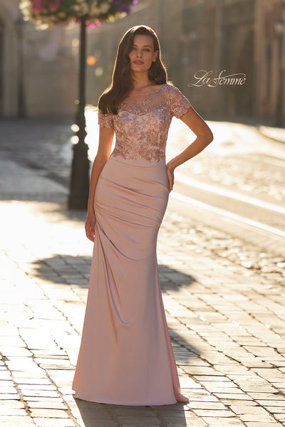 La Femme 32737 Short Sleeve Floral Embroidered Gown