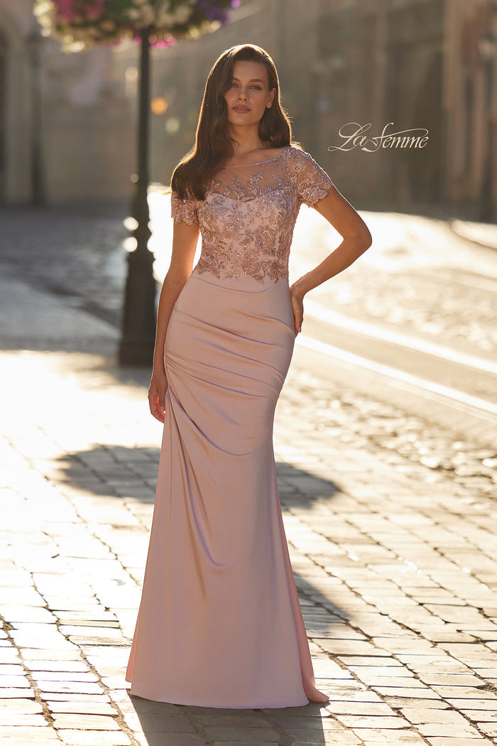 La Femme 32737 Short Sleeve Floral Embroidered Gown
