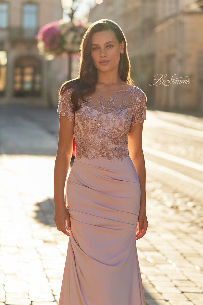 La Femme 32737 Short Sleeve Floral Embroidered Gown