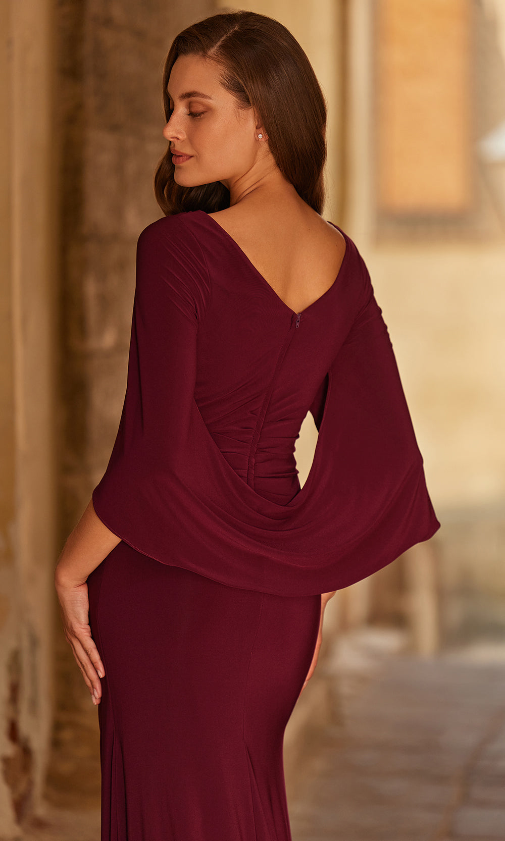 La Femme 33148 Cape Sleeve Sheath Gown with Ruching