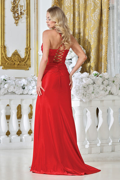 Adora Design 3329 V-Neck Embroidered Lace-Up Fitted Long Prom Dress