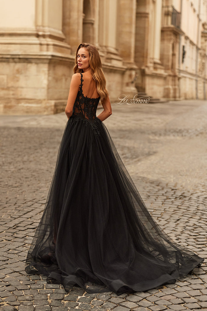 La Femme 33499 Beaded Applique Scoop Tulle Gown