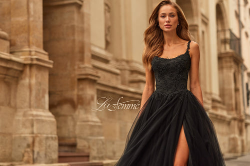 La Femme 33499 Beaded Applique Scoop Tulle Gown