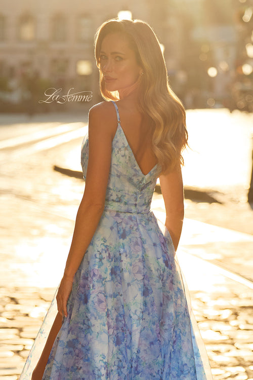 La Femme 33502 Watercolor Print Plunging A-Line Gown