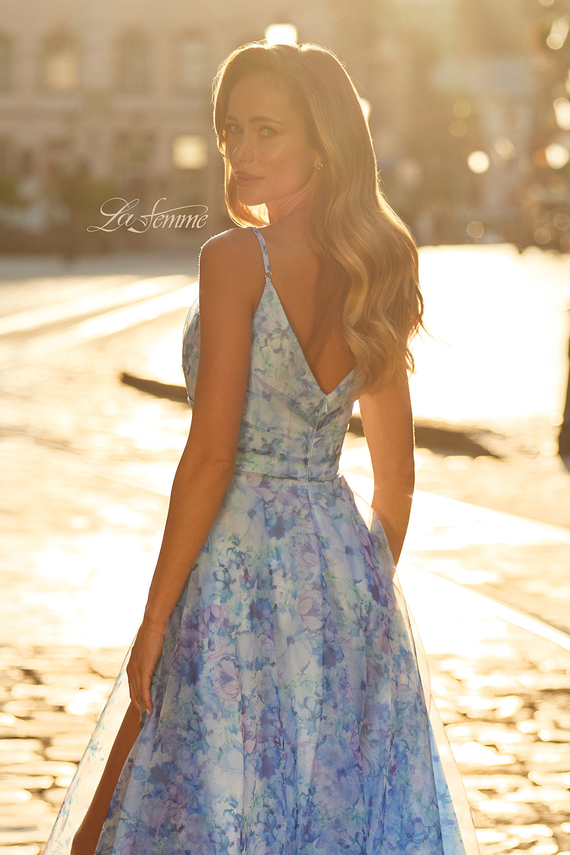 La Femme 33502 Watercolor Print Plunging A-Line Gown