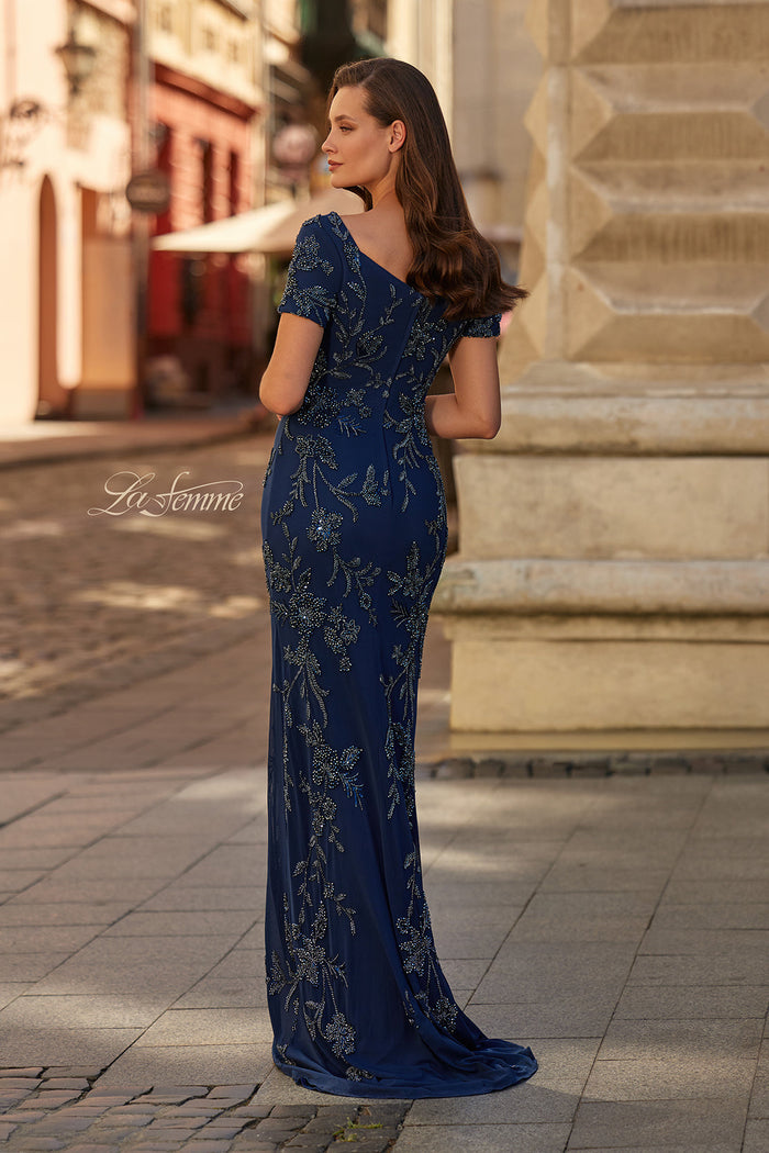 La Femme 33577 Short Sleeve Beaded Floral Formal Gown