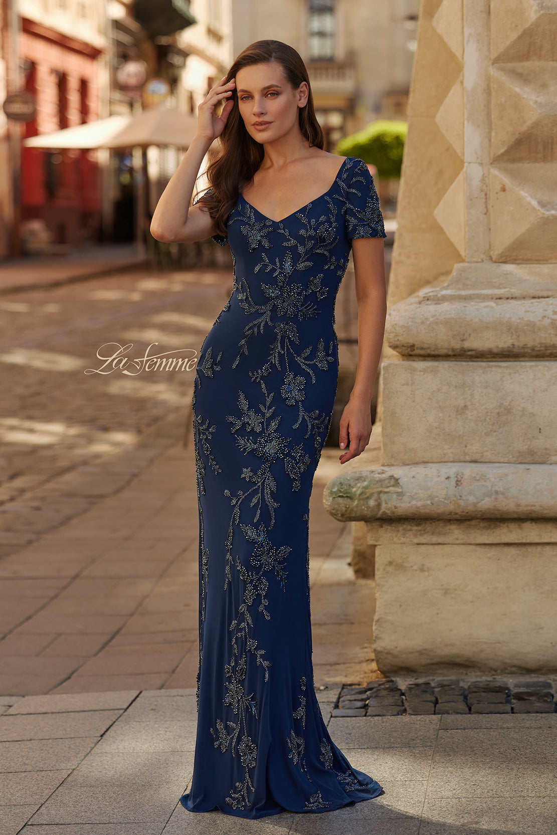 La Femme 33577 Short Sleeve Beaded Floral Formal Gown