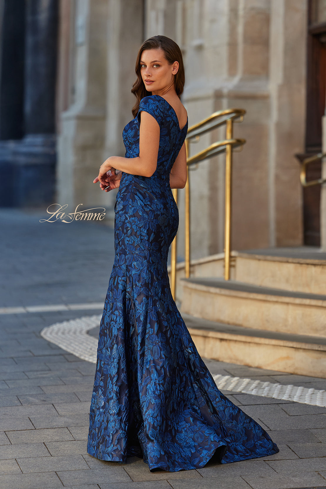 La Femme 33578 Cap Sleeve Floral Jacquard Fit and Flare Gown