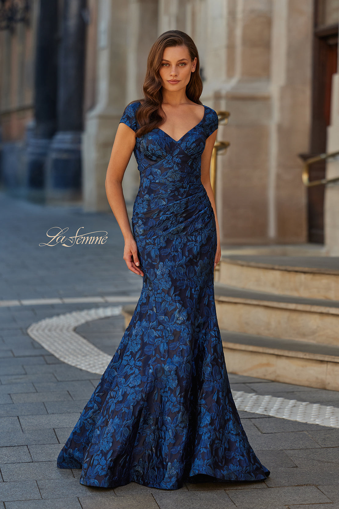 La Femme 33578 Cap Sleeve Floral Jacquard Fit and Flare Gown – SuitUSA